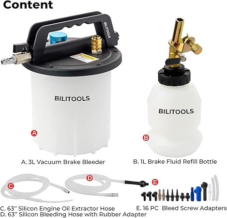 BILITOOLS 3L Brake Bleeder Vacuum Pump Kit Air Compressor, Universal One Person Pneumatic Brake System Clutch Fluid Bleeding Extractor Tool with Adapters & 1L Refilling Bottle - Image 2