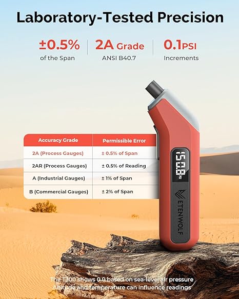ETENWOLF T300 Digital Tire Pressure Gauge 3-200 PSI, Industrial Tire Gauge Calibrated to ANSI B40.7 Grade 2A(Plus-Minus 0.5%), Replaceable AAA Batteries (Vivid Orange) - Image 3