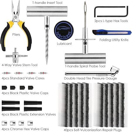 Click to see full view AUTOWN Tire Repair Kit - 68pcs Heavy Duty Tire Plug Kit, Universal Tire Repair Tools to Fix Punctures and Plug Flats Patch Kit for car Motorcycle, Truck, ARB,ATV, Tractor, RV, SUV, Trailer - Image 3